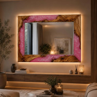 Зеркало с фоновой подсветкой в деревянной раме с розовым декором из смолы в стиле река MS042